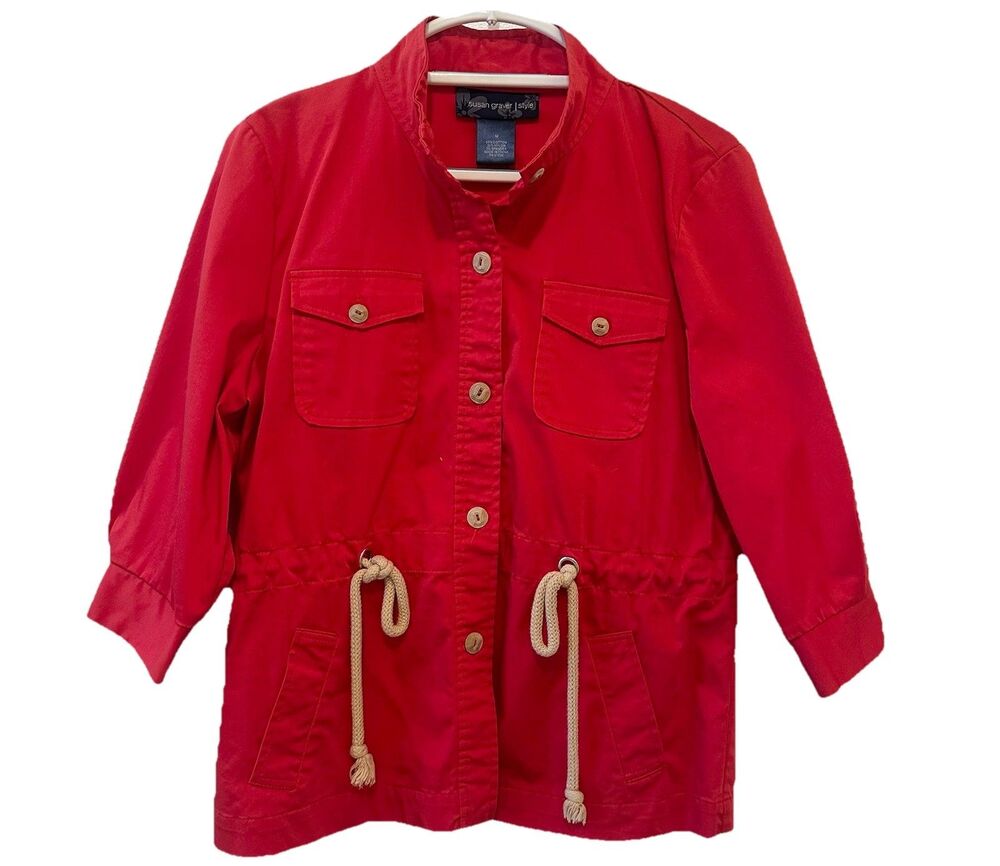 Susan Graver Red Utility Safari Jacket M Drawstring Waist 3/4 Sleeve